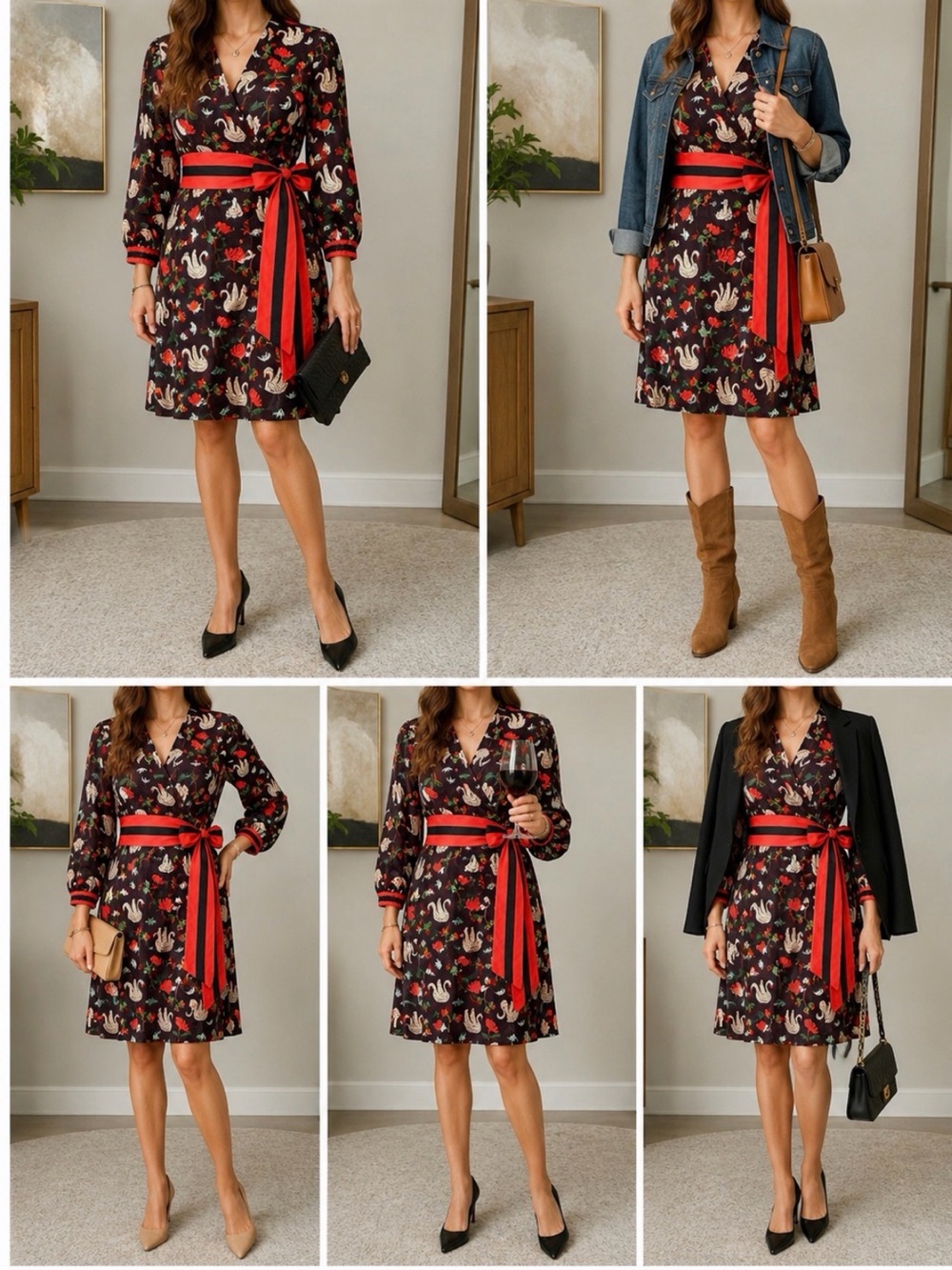 CELINA MOON Black Floral Wrap Dress with Red Sash - Women’s Large